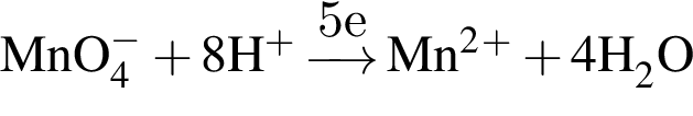 \ChemFormMnO_4 в сте­пе­ни м инус плюс 8H в сте­пе­ни п люс \reactrarrow0pt0.5 cm5eMn в квад­ра­те в сте­пе­ни п люс плюс 4H_2O