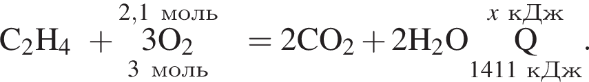  \rm C_2H_4 плюс \overset2,1 моль\underset3 моль 3\rm O_2 = 2CO_2 плюс 2H_2O \overset\it x\rm кДж\underset1411 кДж\rm Q }.