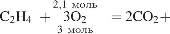  \rm C_2H_4 плюс \overset2,1 моль\underset3 моль 3\rm O_2 = 2CO_2 плюс 