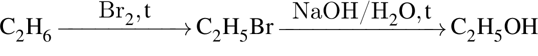 \ChemFormC_2H_6\reactrarrow0pt2 cmBr_2, tC_2H_5Br\reactrarrow0pt2,5 cmNaOH/H_2O, tC_2H_5OH