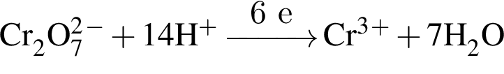\ChemForm Cr_2O_7 в квад­ра­те в сте­пе­ни м инус плюс 14H в сте­пе­ни п люс \reactrarrow0pt1 cm6 eCr в кубе в сте­пе­ни п люс плюс 7H_2O