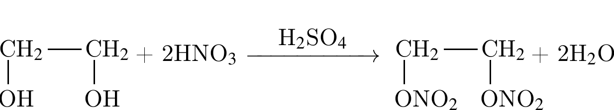 \tetrahedral3== левая круг­лая скоб­ка yl пра­вая круг­лая скоб­ка ;0==CH$_2$;3==OH;4==\tetrahedral2== левая круг­лая скоб­ка yl пра­вая круг­лая скоб­ка ;0==CH$_2$;3==OH плюс 2HNO$_3$ \reactrarrow0pt2 cmH$_2$SO$_4$ \tetrahedral3== левая круг­лая скоб­ка yl пра­вая круг­лая скоб­ка ;0==CH$_2$;3==ONO$_2$;4==\tetrahedral2== левая круг­лая скоб­ка yl пра­вая круг­лая скоб­ка ;0==CH$_2$;3==ONO$_2$ плюс 2H$_2$O