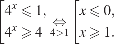  со­во­куп­ность вы­ра­же­ний 4 в сте­пе­ни x мень­ше или равно 1,4 в сте­пе­ни x боль­ше или равно 4 конец со­во­куп­но­сти . \underset4 боль­ше 1\mathop рав­но­силь­но со­во­куп­ность вы­ра­же­ний x мень­ше или равно 0,x боль­ше или равно 1. конец со­во­куп­но­сти 