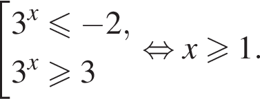  со­во­куп­ность вы­ра­же­ний 3 в сте­пе­ни x мень­ше или равно минус 2,3 в сте­пе­ни x боль­ше или равно 3 конец со­во­куп­но­сти . рав­но­силь­но x боль­ше или равно 1.