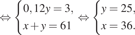  рав­но­силь­но си­сте­ма вы­ра­же­ний 0,12y = 3,x плюс y = 61 конец си­сте­мы . рав­но­силь­но си­сте­ма вы­ра­же­ний y = 25,x = 36. конец си­сте­мы . 