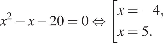 x в квад­ра­те минус x минус 20=0 рав­но­силь­но со­во­куп­ность вы­ра­же­ний x= минус 4,x=5. конец со­во­куп­но­сти . 