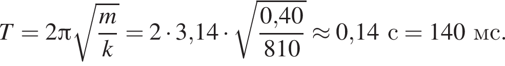 T=2 Пи ко­рень из: на­ча­ло ар­гу­мен­та: дробь: чис­ли­тель: m, зна­ме­на­тель: k конец дроби конец ар­гу­мен­та =2 умно­жить на 3,14 умно­жить на ко­рень из: на­ча­ло ар­гу­мен­та: дробь: чис­ли­тель: 0, конец ар­гу­мен­та 40, зна­ме­на­тель: 810 конец дроби \approx 0,14с = 140мс. 