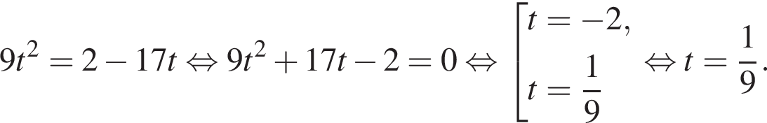 9t в квад­ра­те =2 минус 17t рав­но­силь­но 9t в квад­ра­те плюс 17t минус 2=0 рав­но­силь­но со­во­куп­ность вы­ра­же­ний t= минус 2,t= дробь: чис­ли­тель: 1, зна­ме­на­тель: 9 конец дроби конец со­во­куп­но­сти . рав­но­силь­но t= дробь: чис­ли­тель: 1, зна­ме­на­тель: 9 конец дроби . 