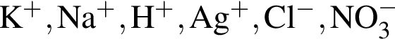 \ChemFormK в сте­пе­ни п люс , Na в сте­пе­ни п люс , H в сте­пе­ни п люс , Ag в сте­пе­ни п люс , Cl в сте­пе­ни м инус , NO_3 в сте­пе­ни м инус 
