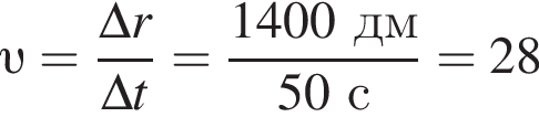  v = дробь: чис­ли­тель: \Delta r, зна­ме­на­тель: \Delta t конец дроби = дробь: чис­ли­тель: 1400 дм, зна­ме­на­тель: 50 с конец дроби =28 
