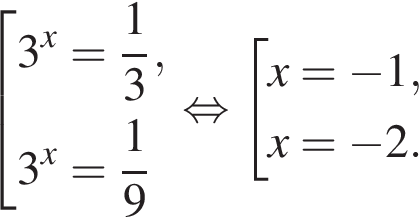  со­во­куп­ность вы­ра­же­ний 3 в сте­пе­ни x = дробь: чис­ли­тель: 1, зна­ме­на­тель: 3 конец дроби ,3 в сте­пе­ни x = дробь: чис­ли­тель: 1, зна­ме­на­тель: 9 конец дроби конец со­во­куп­но­сти . рав­но­силь­но со­во­куп­ность вы­ра­же­ний x= минус 1,x= минус 2. конец со­во­куп­но­сти . 