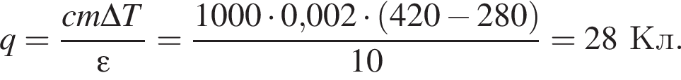 q= дробь: чис­ли­тель: cm\Delta T, зна­ме­на­тель: \varepsilon конец дроби = дробь: чис­ли­тель: 1000 умно­жить на 0,002 умно­жить на левая круг­лая скоб­ка 420 минус 280 пра­вая круг­лая скоб­ка , зна­ме­на­тель: 10 конец дроби =28Кл. 