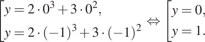  со­во­куп­ность вы­ра­же­ний y = 2 умно­жить на 0 в кубе плюс 3 умно­жить на 0 в квад­ра­те ,y = 2 умно­жить на левая круг­лая скоб­ка минус 1 пра­вая круг­лая скоб­ка в кубе плюс 3 умно­жить на левая круг­лая скоб­ка минус 1 пра­вая круг­лая скоб­ка в квад­ра­те конец со­во­куп­но­сти . рав­но­силь­но со­во­куп­ность вы­ра­же­ний y=0,y=1. конец со­во­куп­но­сти . 