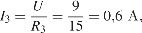 I_3= дробь: чис­ли­тель: U, зна­ме­на­тель: R_3 конец дроби = дробь: чис­ли­тель: 9, зна­ме­на­тель: 15 конец дроби =0,6А, 