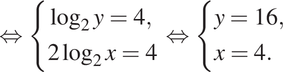  рав­но­силь­но си­сте­ма вы­ра­же­ний ло­га­рифм по ос­но­ва­нию левая круг­лая скоб­ка 2 пра­вая круг­лая скоб­ка y=4,2 ло­га­рифм по ос­но­ва­нию левая круг­лая скоб­ка 2 пра­вая круг­лая скоб­ка x=4 конец си­сте­мы . рав­но­силь­но си­сте­ма вы­ра­же­ний y=16,x=4. конец си­сте­мы . 