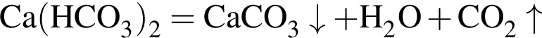 \ChemFormCa левая круг­лая скоб­ка HCO_3 пра­вая круг­лая скоб­ка _2 = CaCO_3\downarrow плюс H_2O плюс CO_2 \uparrow