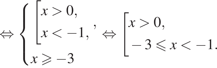  рав­но­силь­но си­сте­ма вы­ра­же­ний со­во­куп­ность вы­ра­же­ний x боль­ше 0,x мень­ше минус 1, конец си­сте­мы . ,x боль­ше или равно минус 3 конец со­во­куп­но­сти . рав­но­силь­но со­во­куп­ность вы­ра­же­ний x боль­ше 0, минус 3 мень­ше или равно x мень­ше минус 1. конец со­во­куп­но­сти . 