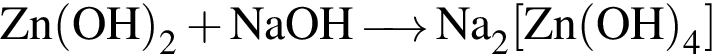 \ChemFormZn левая круг­лая скоб­ка OH пра­вая круг­лая скоб­ка _2 плюс NaOH\reactrarrow0pt0.5 cm Na_2 левая квад­рат­ная скоб­ка Zn левая круг­лая скоб­ка OH пра­вая круг­лая скоб­ка _4 пра­вая квад­рат­ная скоб­ка 