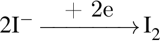 \ChemForm2I в сте­пе­ни м инус \reactrarrow0pt1,5 cm плюс 2e I_2