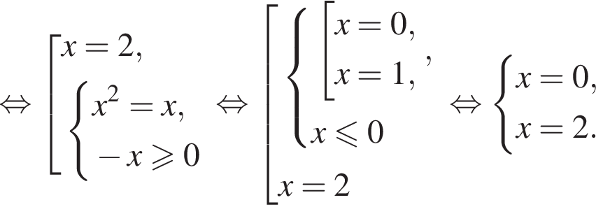 рав­но­силь­но со­во­куп­ность вы­ра­же­ний x=2, си­сте­ма вы­ра­же­ний x в квад­ра­те =x, минус x\geqslant0 конец си­сте­мы . конец со­во­куп­но­сти . рав­но­силь­но со­во­куп­ность вы­ра­же­ний си­сте­ма вы­ра­же­ний со­во­куп­ность вы­ра­же­ний x=0,x=1, конец си­сте­мы . ,x\leqslant0 конец со­во­куп­но­сти . x=2 конец со­во­куп­но­сти . рав­но­силь­но си­сте­ма вы­ра­же­ний x=0,x=2. конец си­сте­мы . 