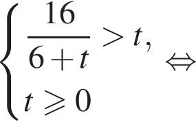  си­сте­ма вы­ра­же­ний дробь: чис­ли­тель: 16, зна­ме­на­тель: 6 плюс t конец дроби боль­ше t, t боль­ше или равно 0 конец си­сте­мы . рав­но­силь­но 