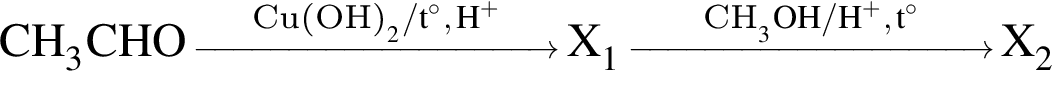 \ChemFormCH_3CHO \reactrarrow0pt2.7 cm\scriptsize Cu левая круг­лая скоб­ка OH пра­вая круг­лая скоб­ка _2 / t гра­ду­сов, H в сте­пе­ни п люс \scriptsize X_1 \reactrarrow0pt2.7 cm\scriptsize CH_3OH / H в сте­пе­ни п люс , t гра­ду­сов\scriptsize X_2