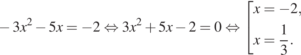  минус 3x в квад­ра­те минус 5x= минус 2 рав­но­силь­но 3x в квад­ра­те плюс 5x минус 2=0 рав­но­силь­но со­во­куп­ность вы­ра­же­ний x= минус 2,x= дробь: чис­ли­тель: 1, зна­ме­на­тель: 3 конец дроби . конец со­во­куп­но­сти . 