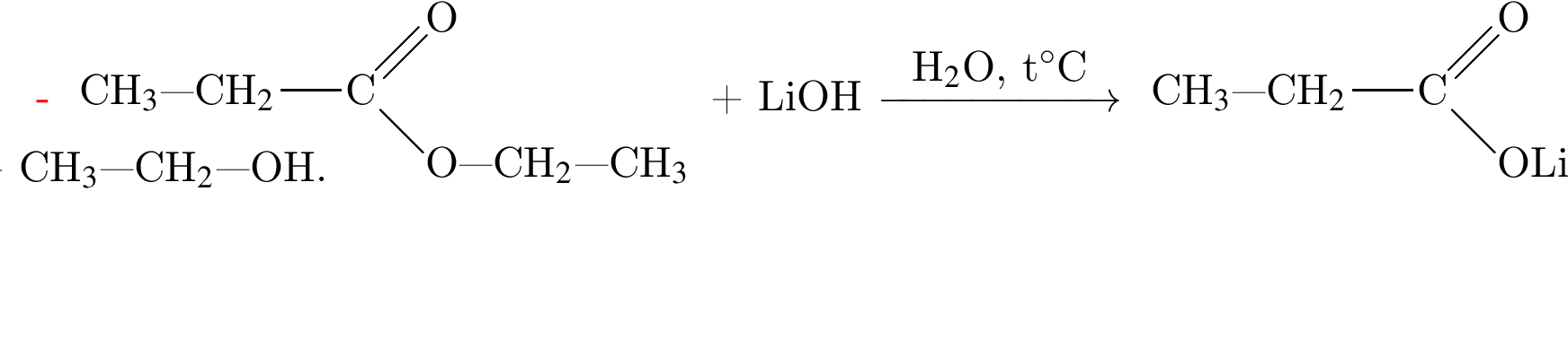 \rtrigonal2== левая круг­лая скоб­ка yl пра­вая круг­лая скоб­ка ;1==CH$_3$ минус минус минус CH$_2$;0==C;2==O минус минус минус CH$_2$ минус минус минус CH$_3$;3D==O плюс LiOH \reactrarrow0pt2 cmH$_2$O, t гра­ду­сов$C \rtrigonal2== левая круг­лая скоб­ка yl пра­вая круг­лая скоб­ка ;1==CH$_3$ минус минус минус CH$_2$;0==C;2==OLi;3D==O плюс CH$_3$ минус минус минус CH$_2$ минус минус минус OH.