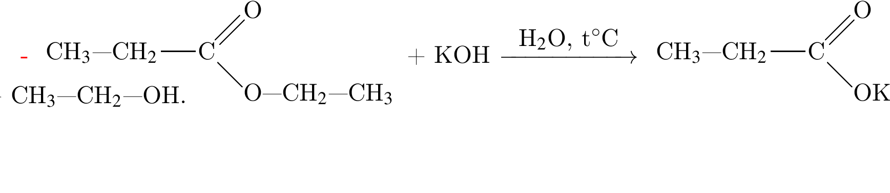 \rtrigonal2== левая круг­лая скоб­ка yl пра­вая круг­лая скоб­ка ;1==CH$_3$ минус минус минус CH$_2$;0==C;2==O минус минус минус CH$_2$ минус минус минус CH$_3$;3D==O плюс KOH \reactrarrow0pt2 cmH$_2$O, t гра­ду­сов$C \rtrigonal2== левая круг­лая скоб­ка yl пра­вая круг­лая скоб­ка ;1==CH$_3$ минус минус минус CH$_2$;0==C;2==OK;3D==O плюс CH$_3$ минус минус минус CH$_2$ минус минус минус OH.