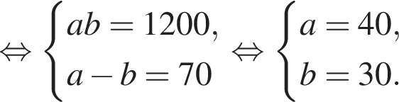  рав­но­силь­но си­сте­ма вы­ра­же­ний ab=1200,a минус b=70 конец си­сте­мы . рав­но­силь­но си­сте­ма вы­ра­же­ний a=40,b=30. конец си­сте­мы . 