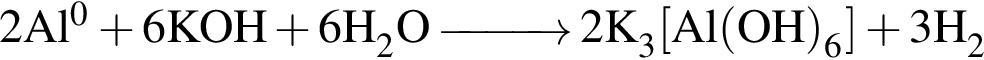 \ChemForm2Al в сте­пе­ни 0 плюс 6KOH плюс 6H_2O\reactrarrow0pt1 cm2K_3 левая квад­рат­ная скоб­ка Al левая круг­лая скоб­ка OH пра­вая круг­лая скоб­ка _6 пра­вая квад­рат­ная скоб­ка плюс 3H_2