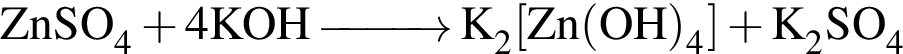 \ChemFormZnSO_4 плюс 4KOH \reactrarrow0pt1 cm K_2 левая квад­рат­ная скоб­ка Zn левая круг­лая скоб­ка OH пра­вая круг­лая скоб­ка _4 пра­вая квад­рат­ная скоб­ка плюс K_2SO_4