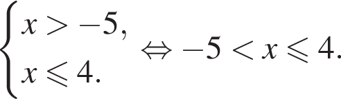  си­сте­ма вы­ра­же­ний x боль­ше минус 5,x\leqslant4. конец си­сте­мы . рав­но­силь­но минус 5 мень­ше x мень­ше или равно 4. 