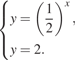  си­сте­ма вы­ра­же­ний y= левая круг­лая скоб­ка дробь: чис­ли­тель: 1, зна­ме­на­тель: 2 конец дроби пра­вая круг­лая скоб­ка в сте­пе­ни x , y = 2. конец си­сте­мы .