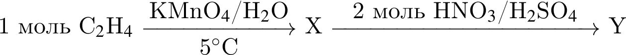 1 моль C$_2$H$_4$ \reactrarrow0pt2,3 cmKMnO$_4$/H$_2$O5 гра­ду­сов$C X \reactrarrow0pt4 cm2 моль HNO$_3$/H$_2$SO$_4$ Y