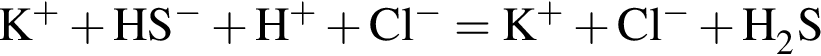 \ChemFormK в сте­пе­ни п люс плюс HS в сте­пе­ни м инус плюс H в сте­пе­ни п люс плюс Cl в сте­пе­ни м инус = K в сте­пе­ни п люс плюс Cl в сте­пе­ни м инус плюс H_2S