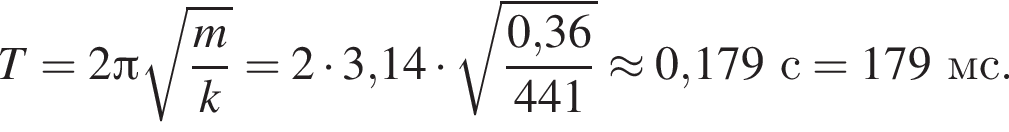T=2 Пи ко­рень из: на­ча­ло ар­гу­мен­та: дробь: чис­ли­тель: m, зна­ме­на­тель: k конец дроби конец ар­гу­мен­та =2 умно­жить на 3,14 умно­жить на ко­рень из: на­ча­ло ар­гу­мен­та: дробь: чис­ли­тель: 0, конец ар­гу­мен­та 36, зна­ме­на­тель: 441 конец дроби \approx 0,179с = 179мс. 