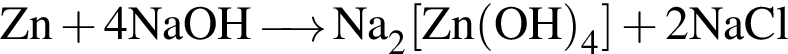 \ChemFormZn плюс 4NaOH\reactrarrow0pt0.5 cm Na_2 левая квад­рат­ная скоб­ка Zn левая круг­лая скоб­ка OH пра­вая круг­лая скоб­ка _4 пра­вая квад­рат­ная скоб­ка плюс 2NaCl 