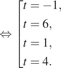  рав­но­силь­но со­во­куп­ность вы­ра­же­ний t= минус 1,t=6,t=1,t=4. конец со­во­куп­но­сти . 