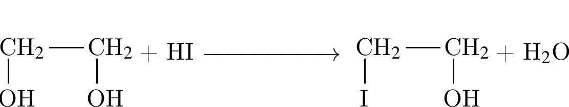\tetrahedral3== левая круглая скобка yl правая круглая скобка ;0==CH$_2$;3==OH;4==\tetrahedral2== левая круглая скобка yl правая круглая скобка ;0==CH$_2$;3==OH плюс HI \reactrarrow0pt2 cm \tetrahedral3== левая круглая скобка yl правая круглая скобка ;0==CH$_2$;3==I;4==\tetrahedral2== левая круглая скобка yl правая круглая скобка ;0==CH$_2$;3==OH плюс H$_2$O