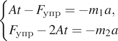  си­сте­ма вы­ра­же­ний At минус F_упр= минус m_1a,F_упр минус 2At= минус m_2a конец си­сте­мы . 