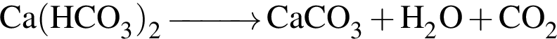 \ChemFormCa левая круг­лая скоб­ка HCO_3 пра­вая круг­лая скоб­ка _2 \reactrarrow0pt1 cm CaCO_3 плюс H_2O плюс CO_2