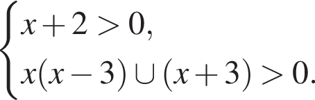  си­сте­ма вы­ра­же­ний  новая стро­ка x плюс 2 боль­ше 0, x левая круг­лая скоб­ка x минус 3 пра­вая круг­лая скоб­ка \cup левая круг­лая скоб­ка x плюс 3 пра­вая круг­лая скоб­ка боль­ше 0. конец си­сте­мы . 