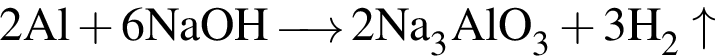 \ChemForm2Al плюс 6NaOH \reactrarrow0pt0.5 cm 2Na_3AlO_3 плюс 3H_2\uparrow