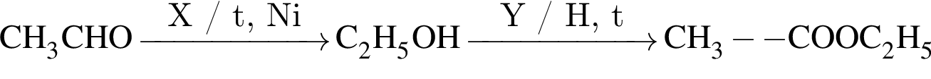 \ChemFormCH_3CHO \reactrarrow0pt2 cmX / t, Ni C_2H_5OH \reactrarrow0pt2 cmY / H, t CH_3 минус минус COOC_2H_5