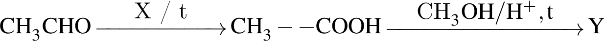 \ChemFormCH_3CHO \reactrarrow0pt2 cmX / t CH_3 минус минус COOH \reactrarrow0pt3 cmCH_3OH / H в сте­пе­ни п люс , t Y