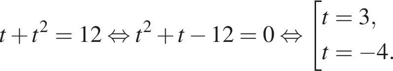 t плюс t в квад­ра­те =12 рав­но­силь­но t в квад­ра­те плюс t минус 12=0 рав­но­силь­но со­во­куп­ность вы­ра­же­ний t=3,t= минус 4. конец со­во­куп­но­сти . 