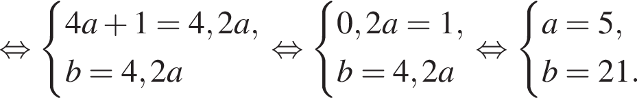  рав­но­силь­но си­сте­ма вы­ра­же­ний 4a плюс 1 = 4,2a, b = 4,2a конец си­сте­мы . рав­но­силь­но си­сте­ма вы­ра­же­ний 0,2a = 1, b = 4,2a конец си­сте­мы . рав­но­силь­но си­сте­ма вы­ра­же­ний a = 5, b = 21. конец си­сте­мы . 