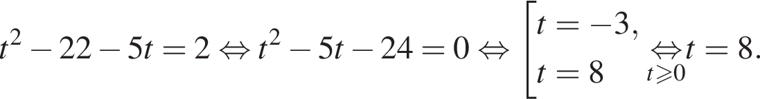 t в квад­ра­те минус 22 минус 5t=2 рав­но­силь­но t в квад­ра­те минус 5t минус 24=0 рав­но­силь­но со­во­куп­ность вы­ра­же­ний t= минус 3,t=8 конец со­во­куп­но­сти . \undersett боль­ше или равно 0\mathop рав­но­силь­но t=8.