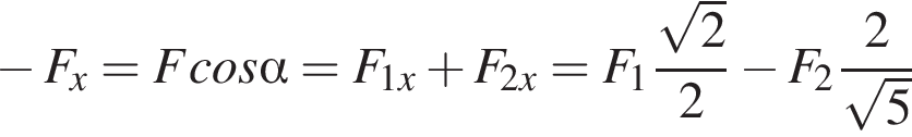  минус F_x = Fcos альфа = F_1x плюс F_2x = F_1 дробь: чис­ли­тель: ко­рень из: на­ча­ло ар­гу­мен­та: 2 конец ар­гу­мен­та , зна­ме­на­тель: 2 конец дроби минус F_2 дробь: чис­ли­тель: 2, зна­ме­на­тель: ко­рень из: на­ча­ло ар­гу­мен­та: 5 конец ар­гу­мен­та конец дроби 